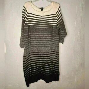 Lauren Ralph Lauren Cotton Knit Gray Striped Round Neck 3/4 Sleeve Midi Dress 1X